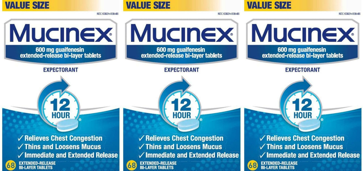 3 PK Mucinex Value Size ~ 12 HR ~ 600 MG Guaifenesin Expectorant ~ 68 TABS EA