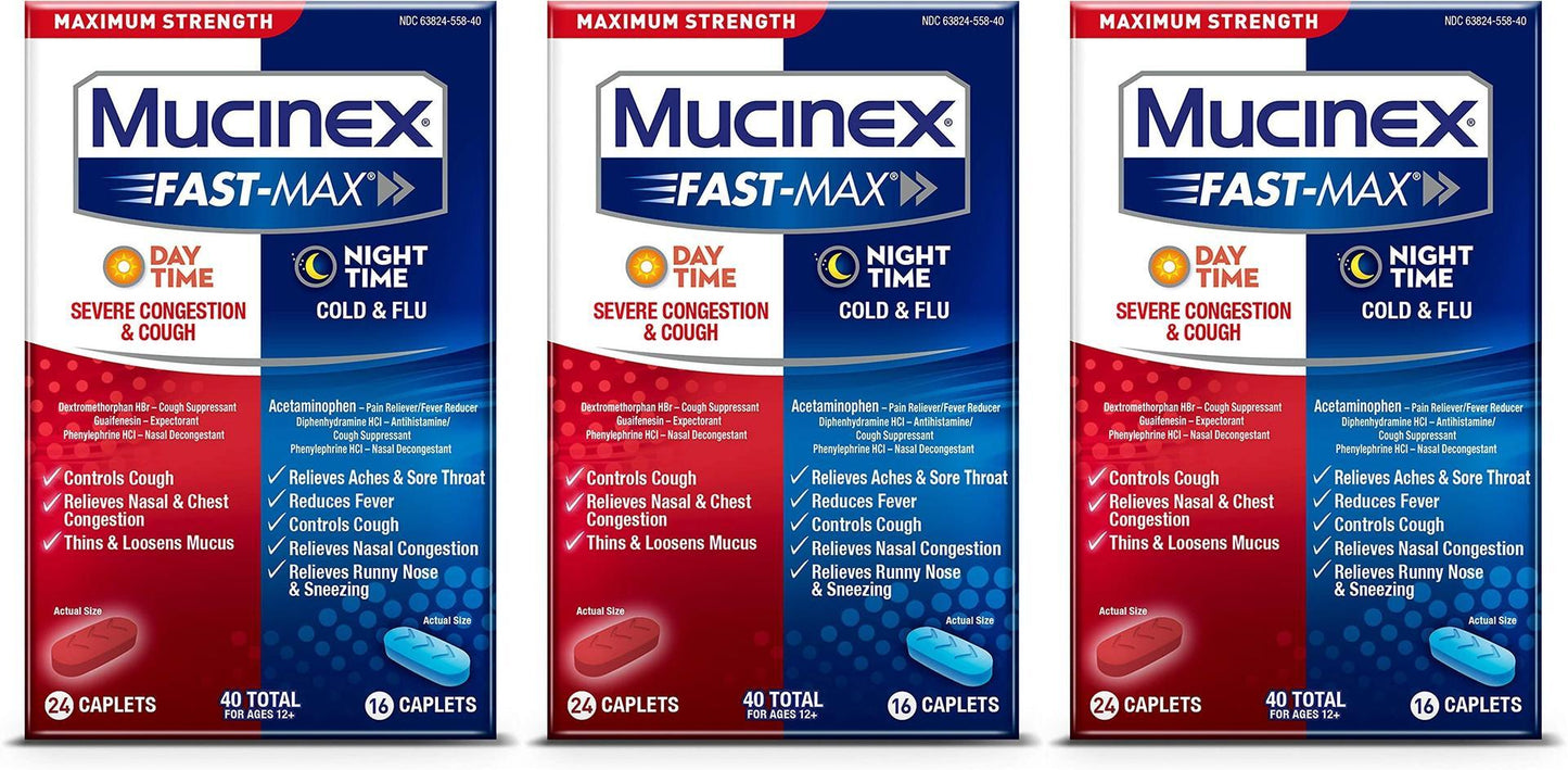 3x Mucinex Fast-Max Day Time Severe Cough Congestion Night Cold Flu Caplet 11/22