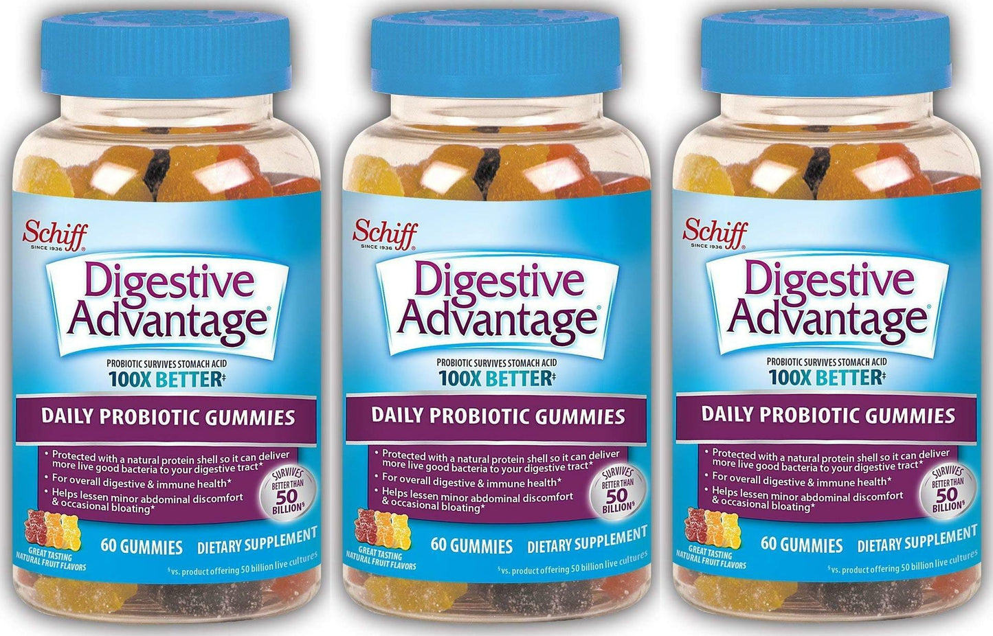3 PK Schiff Digestive Advantage Daily Probiotics Gummies 60 Ct Each EXP 3/23+