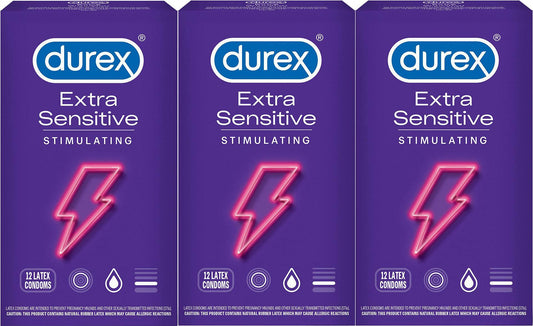 3 Pack Durex Extra Sensitive Latex Condoms W/ Tingling Lubricant 12 CT EACH